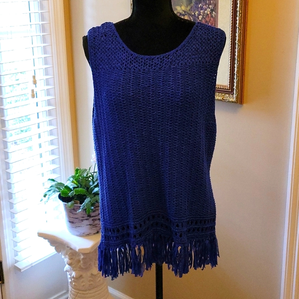 RUBY RD. royal blue sleeveless open weave pullover sweater ribbon hem XL…EUC
